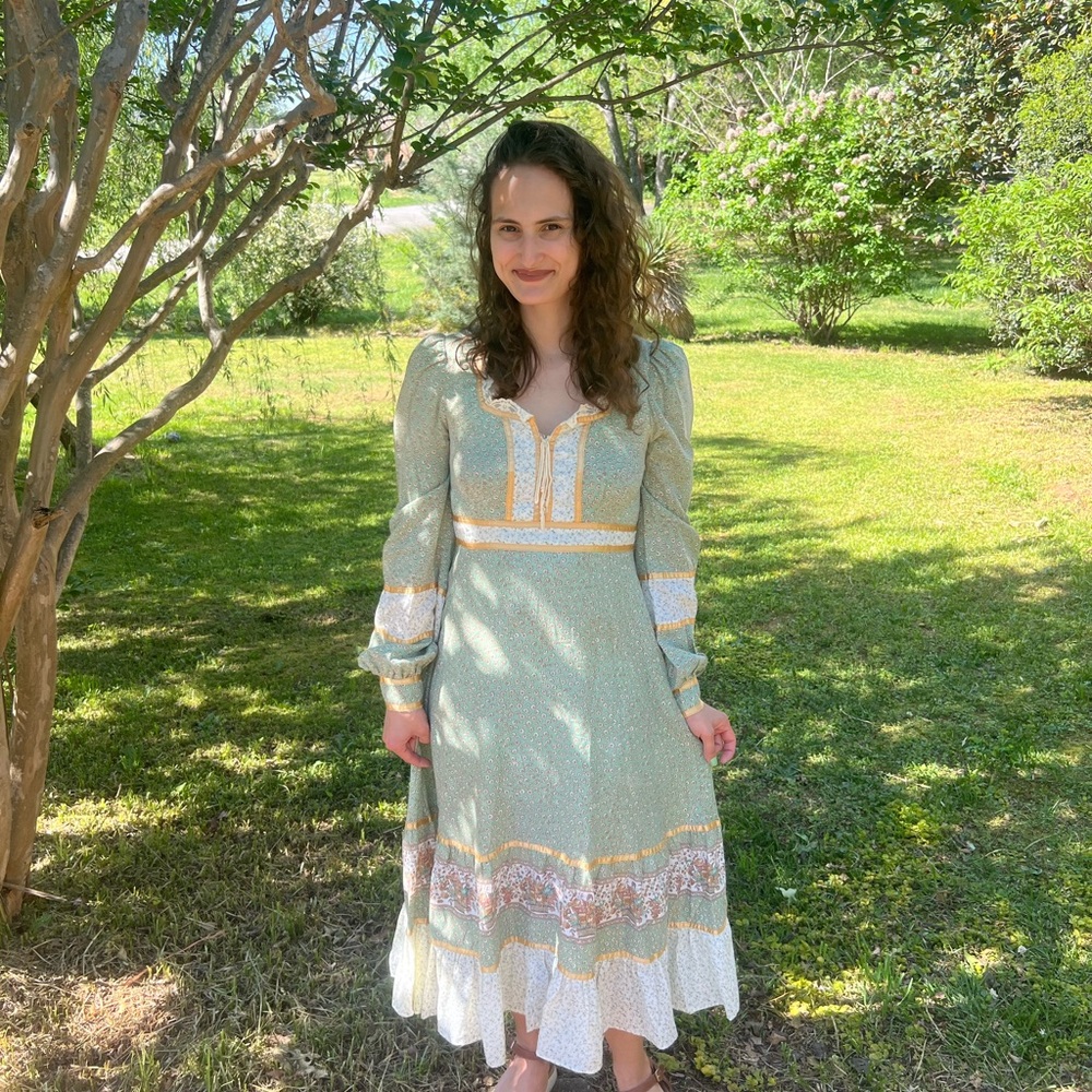 Gunne Sax Green and White Long Sleeve Dress Rare